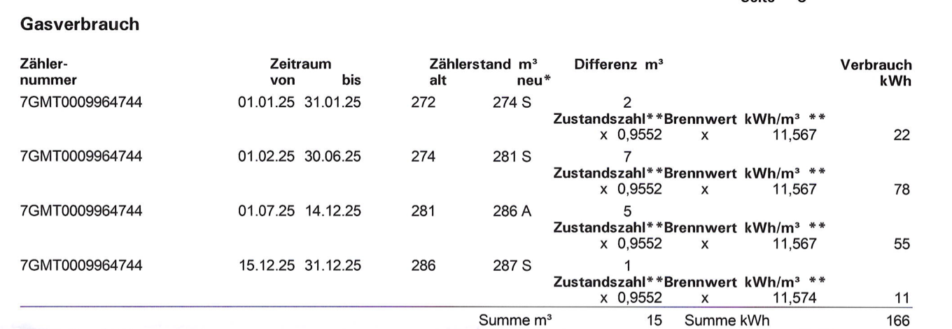 Auszug Gasabrechnung 2025: Verbrauch 166 kWh